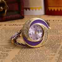 Women Golden Tone Alloy Bangle Watches, with Enamel Rhinestone Quartz Watch Dial, MediumPurple, 48x39.5mm; Watch Dial: 37.5x41mm