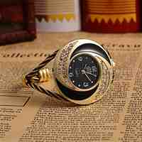 Women Golden Tone Alloy Bangle Watches, with Enamel Rhinestone Quartz Watch Dial, Black, 48x39.5mm; Watch Dial: 37.5x41mm