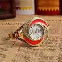 Women Golden Tone Alloy Bangle Watches, with Enamel Rhinestone Quartz Watch Dial, Red, 48x39.5mm; Watch Dial: 37.5x41mm