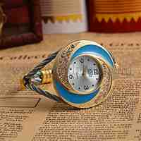 Women Golden Tone Alloy Bangle Watches, with Enamel Rhinestone Quartz Watch Dial, DodgerBlue, 48x39.5mm; Watch Dial: 37.5x41mm