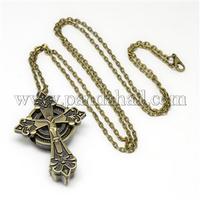 Alloy Crucifix Cross Pendant Necklace Pocket Watch, with Iron Chains and Lobster Claw Clasps, Quartz Watch, Antique Bronze, 31.5