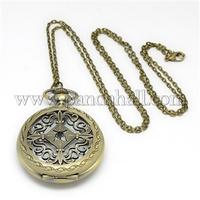 Alloy Flat Round Pendant Necklace Pocket Watch, with Iron Chains and Lobster Claw Clasps, Quartz Watch, Antique Bronze, 31.5