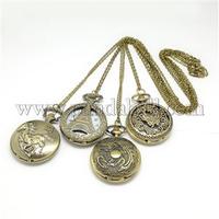 Valentines Gifts Mixed Alloy Flat Round Pendant Necklace Pocket Watch, with Iron Chains and Lobster Clasps, Quartz Watch, Antique Bronze, 30.7