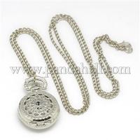 Alloy Flat Round with Spider Web Pendant Necklace Pocket Watch, with Iron Chains and Lobster Claw Clasps, Quartz Watch, Platinum, 30.7