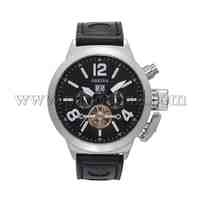 Men's 304 Stainless Steel Leather Mechanical Wristwatches, Black, 275x24mm; Watch Head: 60x60x15mm; Watch Face: 44mm