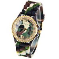 Geneva Quartz Watch 12 Arabic Number Hour Marks Rubber Watch Band for Women   Camouflage Color