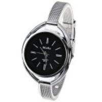 MxRe Quartz Watch with Strips Hour Marks Steel Watch Band for Women   Black