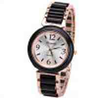 Female Quartz Watch 4 Arabic Numbers and Strips Indicate Plastic and Steel Watch Band   Black