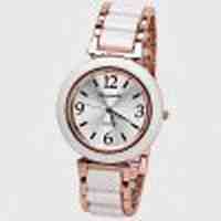 Female Quartz Watch 4 Arabic Numbers and Strips Indicate Plastic and Steel Watch Band   White