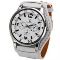 V6 DL Quartz Watch with 4 Arabic Numbers   Strips Indicate Round Dial Leather Watch Band for Women   White