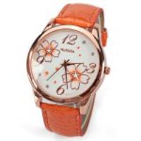 No.99653 Quartz Watch with Numbers and Dots Indicate Leather Watch Band Flower Pattern Dial for Women   Blue