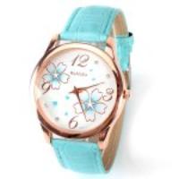 No.99653 Quartz Watch with Numbers and Dots Indicate Leather Watch Band Flower Pattern Dial for Women   Blue