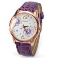 No.99653 Quartz Watch with Numbers and Dots Indicate Leather Watch Band Flower Pattern Dial for Women   Blue