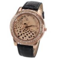 A628 Quartz Watch with 12 Small Diamond Dots Indicate Leather Watch Band Leopard Pattern Dial for Women   Black