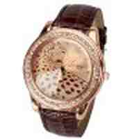 A628 Quartz Watch with 12 Small Diamond Dots Indicate Leather Watch Band Leopard Pattern Dial for Women   Brown