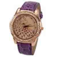 A628 Quartz Watch with 12 Small Diamond Dots Indicate Leather Watch Band Leopard Pattern Dial for Women   Purple