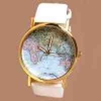 Map Patterned Watch with Round Dial and Leather Watch Band for Women