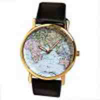 Map Patterned Watch with Round Dial and Leather Watch Band for Women