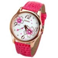 WoMaGe Quartz Watch with Numbers and Dots Indicate Leather Watch Band Flower Pattern Dial for Women