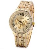 GENEVA Quartz Watch with Diamonds Round Dial and Steel Watch Band for Women