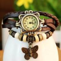 Retro Quartz Watch with Butterfly Round Dial and Knitting Leather Watch Band for Women