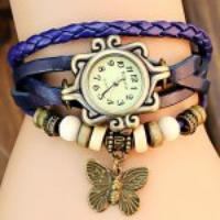 Retro Quartz Watch with Butterfly Round Dial and Knitting Leather Watch Band for Women