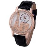 Quartz Watch with Diamonds Analog Indicate PU Leather Watch Band Tower Pattern for Women