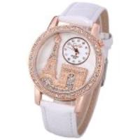 Quartz Watch with Diamonds Analog Indicate PU Leather Watch Band Tower Pattern for Women