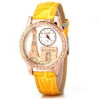 Quartz Watch with Diamonds Analog Indicate PU Leather Watch Band Tower Pattern for Women