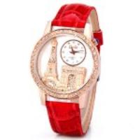 Quartz Watch with Diamonds Analog Indicate PU Leather Watch Band Tower Pattern for Women