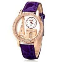 Quartz Watch with Diamonds Analog Indicate PU Leather Watch Band Tower Pattern for Women