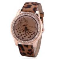 Quartz Watch with 12 Small Diamond Dots Analog Indicate Leather Watch Band Leopard Pattern Dial for Women