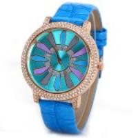 Waterproof Quartz Watch with Diamonds Analog Indicate PU Leather Watch Band Flower Pattern for Women