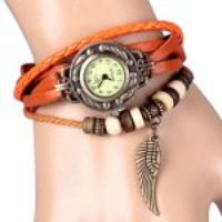 Quartz Watch with Wing Design Round Dial and Leather Watch Band for Women