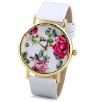 Geneva Luxury Quartz Watch with Diamonds Golden Plate Analog Indicate Leather Watch Band Rose Pattern for Women