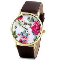 Geneva Luxury Quartz Watch with Diamonds Golden Plate Analog Indicate Leather Watch Band Rose Pattern for Women