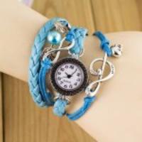 Stylish Quartz Watch with Bead Pendant Round Dial and Knitting Leather Watch Band for Women