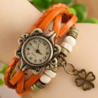 Stylish Quartz Watch with Four leaf Clover Pendant Round Dial and Knitting Leather Watch Band for Women