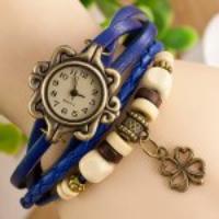 Stylish Quartz Watch with Four leaf Clover Pendant Round Dial and Knitting Leather Watch Band for Women