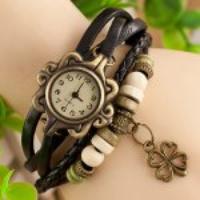 Stylish Quartz Watch with Four leaf Clover Pendant Round Dial and Knitting Leather Watch Band for Women