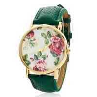 Rose Pattern Round Dial Alloy Watchcase Lady Wrist Watch with Artificial Leather Watch Band Atrovirens