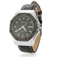 Fantastic Polygonal Dial Quartz Movement Stainless Steel Watch Case PU Leather Band Mens Watch with Calendar Black