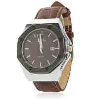 Fantastic Polygonal Dial Quartz Movement Stainless Steel Watch Case PU Leather Band Mens Watch with Calendar Brown