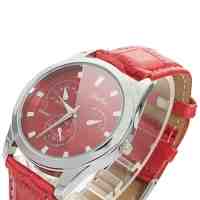 Round Dial Quartz Movement PU Leather Watchband Couples Watch Female Wrist Watch with Calender Red