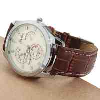 Round Dial Quartz Movement PU Leather Watchband Couples Watch Female Wrist Watch with Calender White Dial Brown Band