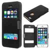 Dual Window Leather Case Magnetic Closure for iPhone 5s 5 - Black