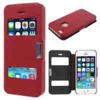 Dual Window Flip Leather Case Cover for iPhone 5s 5 - Red