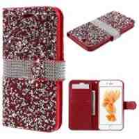 For iPhone 6s 6 Glittery Crystals & Diamonds Leather Magnetic Case - Red