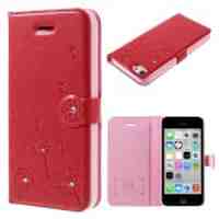 KINGXBAR Dandelion Pattern Rhinestone Leather Case for iPhone 5c - Red