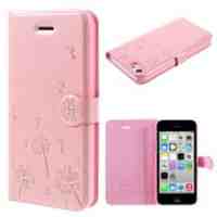 KINGXBAR Dandelion Pattern Rhinestone Leather Case Cover for iPhone 5c - Pink